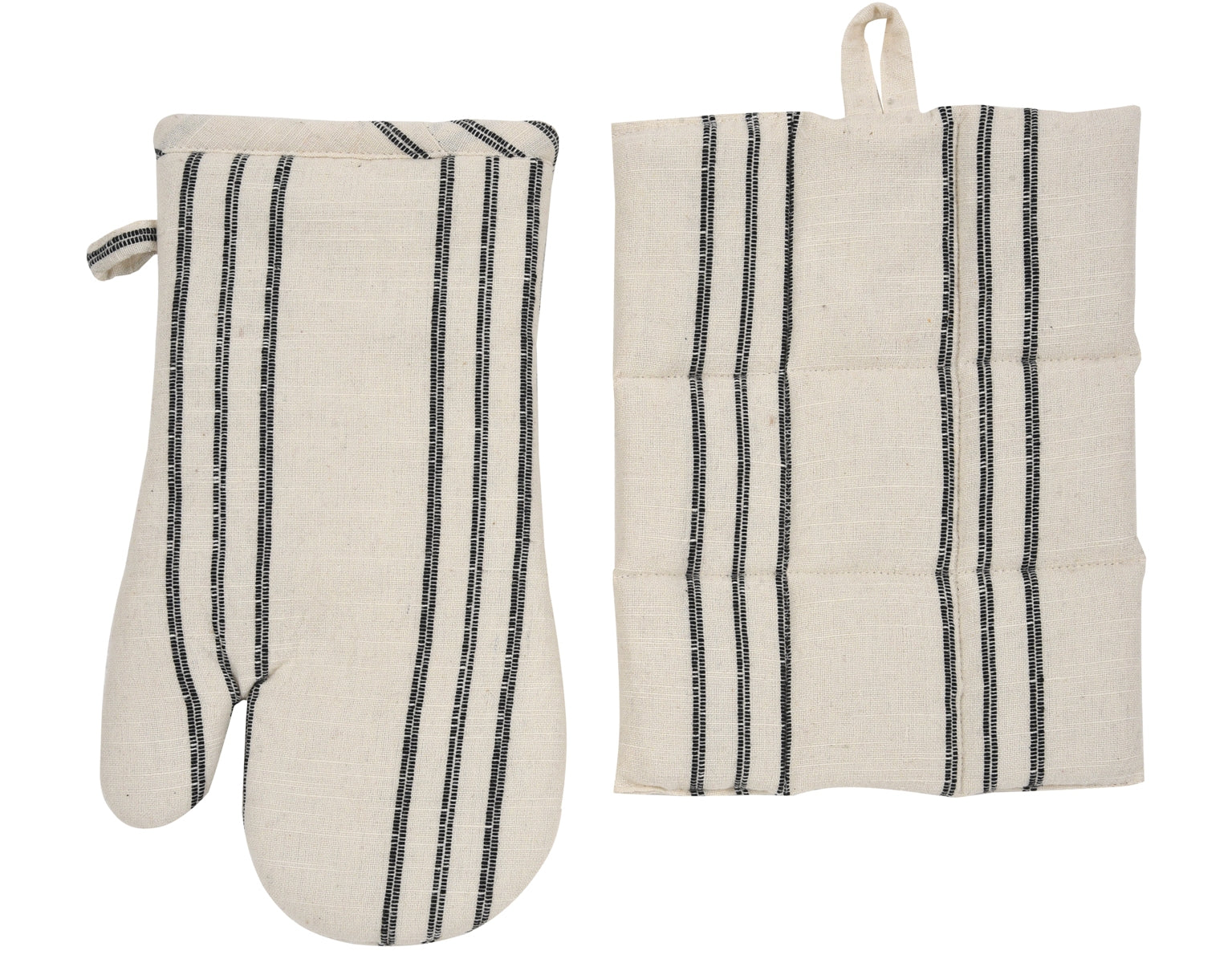 Oven Mitt, Pot Holder with 4 Spice Spoons set - Slub Dobby - 100 % Cotton - Ivory / Black