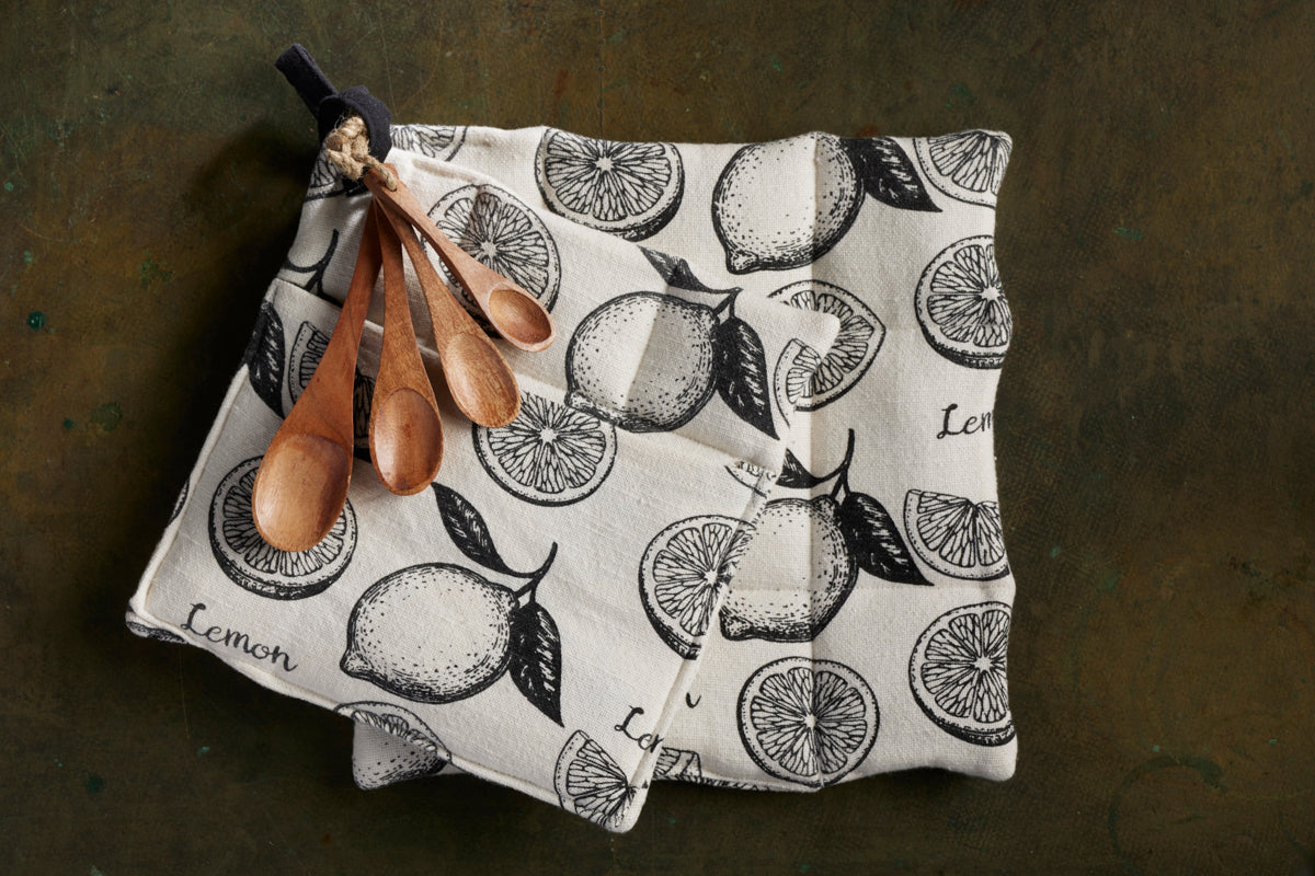 PotHolders with Spice Spoons - Lemon - Ivory / Black