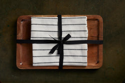 Kitchen Towel With Wooden Tray -  100 % Cotton Stripes- Ivory / Black