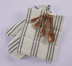 Oven Mitt, Pot Holder with 4 Spice Spoon Set - Slub Dobby - 100% cotton -Ivory / Black