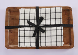 Kitchen Towel With Wooden Tray -  100 % Cotton Checks - Ivory / Black