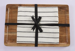 Kitchen Towel With Wooden Tray -  100 % Cotton Stripes- Ivory / Black