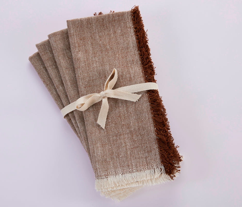 Cotton Fringe Napkins - Set of 4- 100% Cotton - Mocha