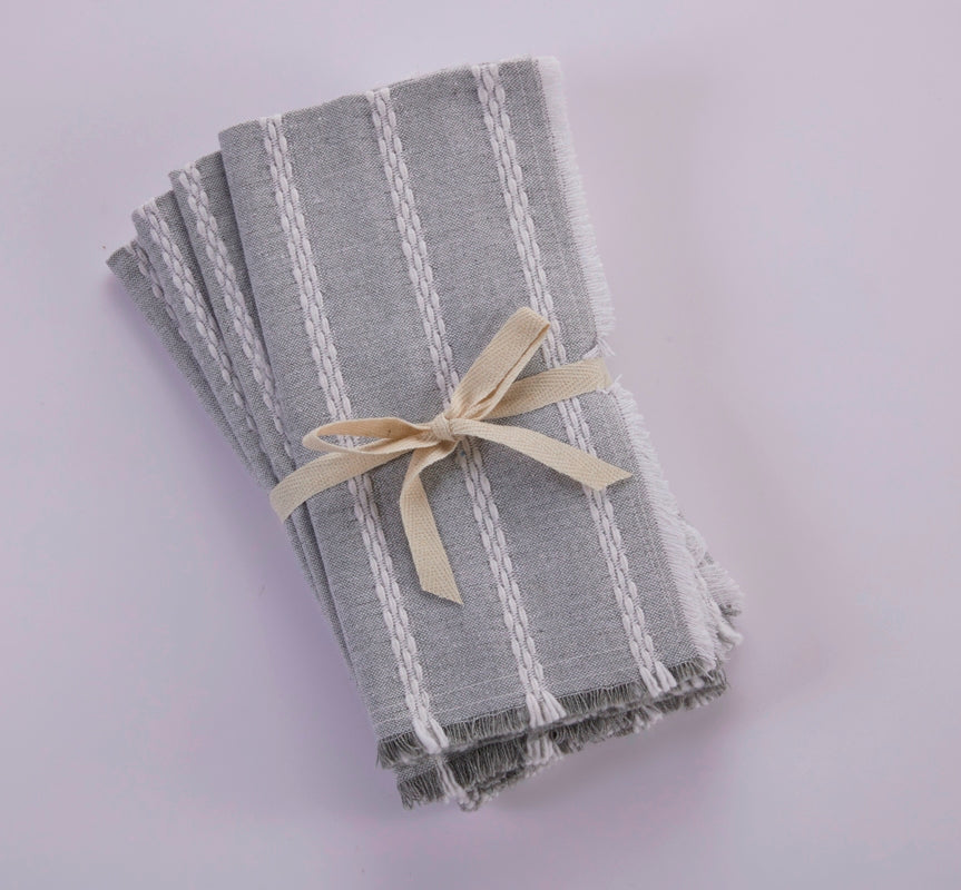 Dobby Stripe Fringe Napkins - Set of 4- 100% Cotton -Grey