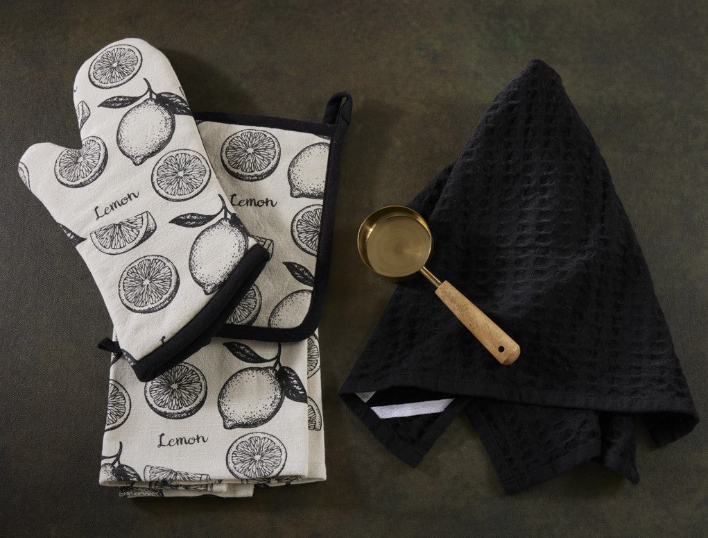 4 Pc Baking Set -Premium Cotton Printed Lemons - 100 % Cotton - Ivory / Black