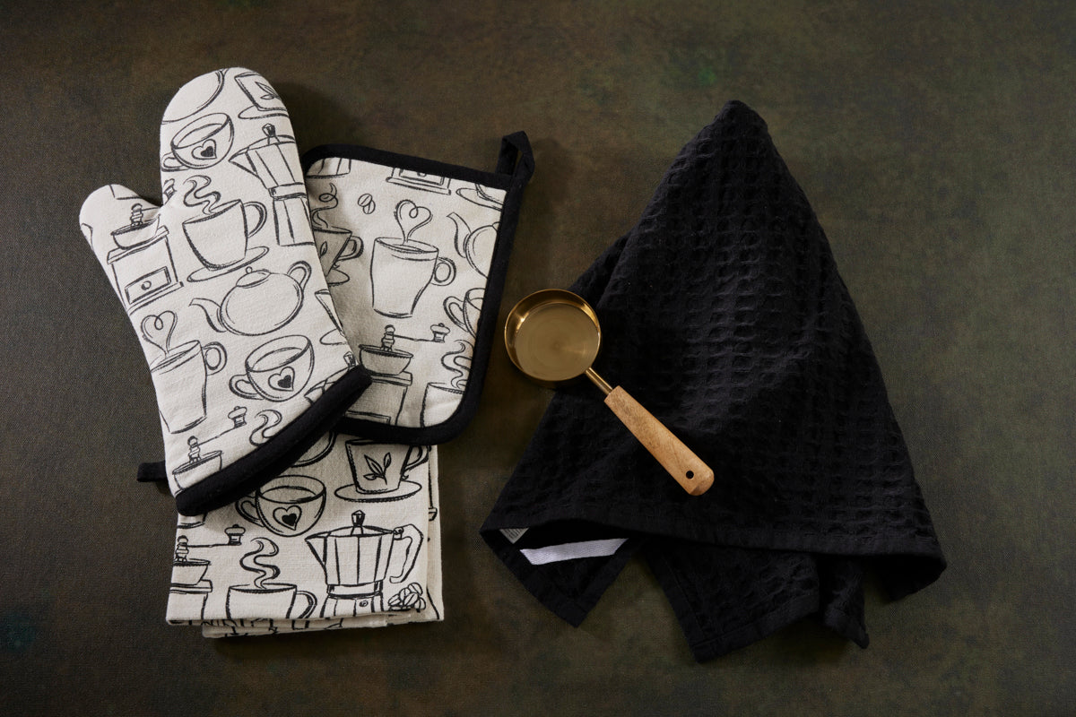 4 Pc Baking Set -Premium Cotton Printed Coffee - 100 % Cotton - Ivory / Black