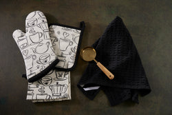 4 Pc Baking Set -Premium Cotton Printed Coffee - 100 % Cotton - Ivory / Black