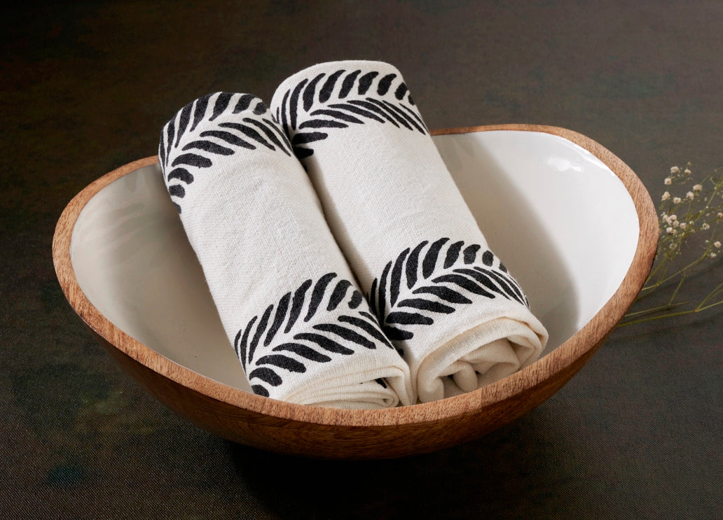 Large Wooden Salad Bowl with 2 Kitchen Towels - 100 % Cotton - Ivory / Black