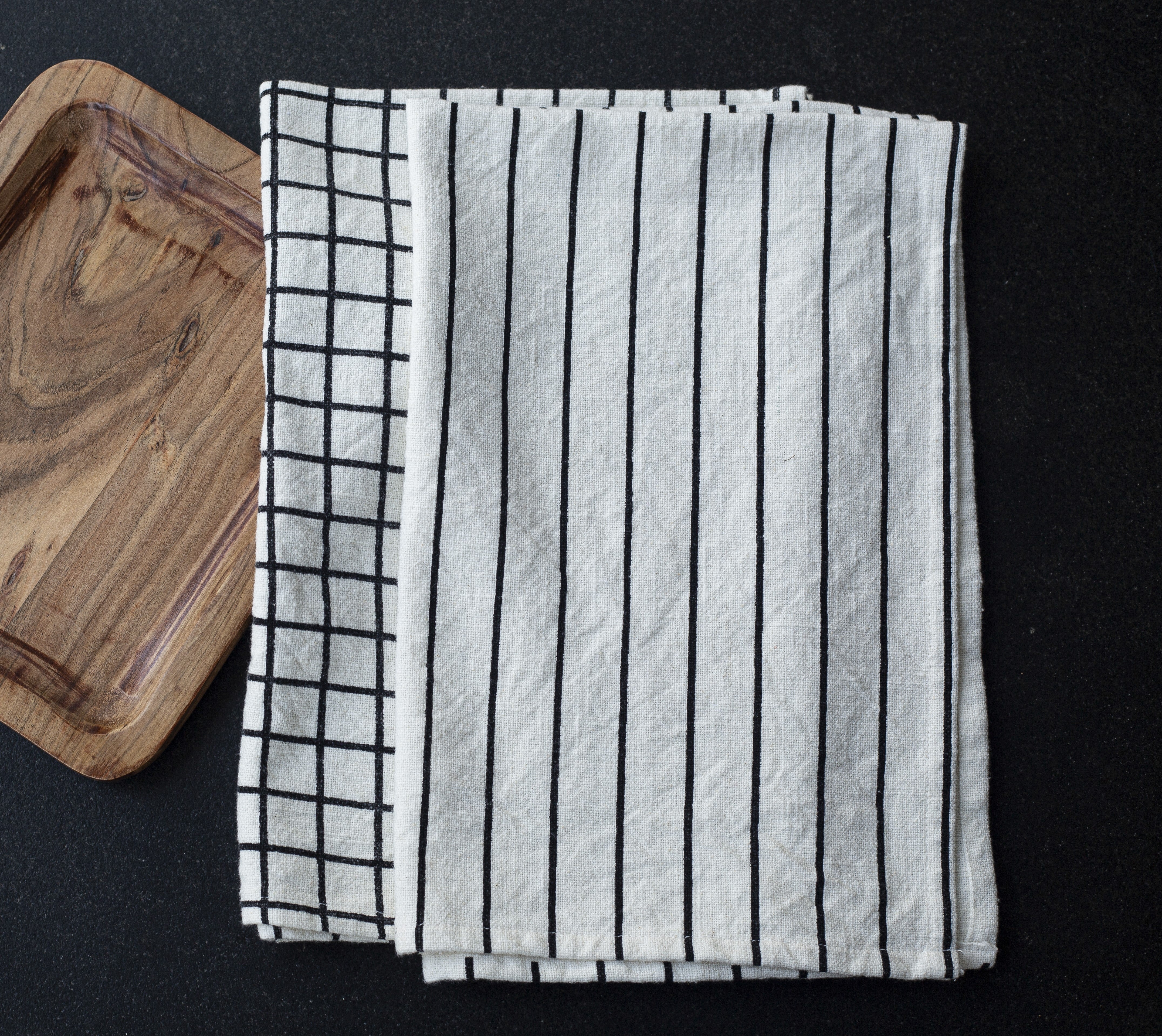 Pantry Towels - Cotton Stripes & Checks Multi Pack  - Set Of 4  Kitchen Towels - 100 % Cotton - Ivory / Black