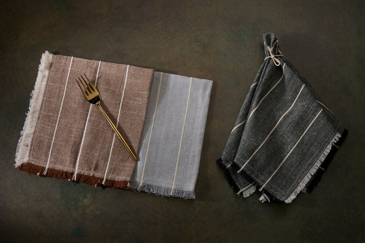 Hudson Stripes Dinner Napkins - Set Of 4, 100% Cotton - Mocha