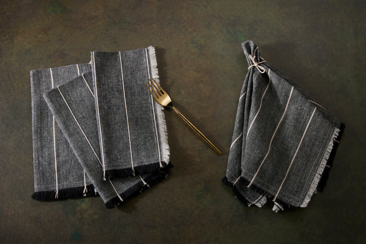 Hudson Stripes Dinner Napkins - Set Of 4, 100% Cotton - Black