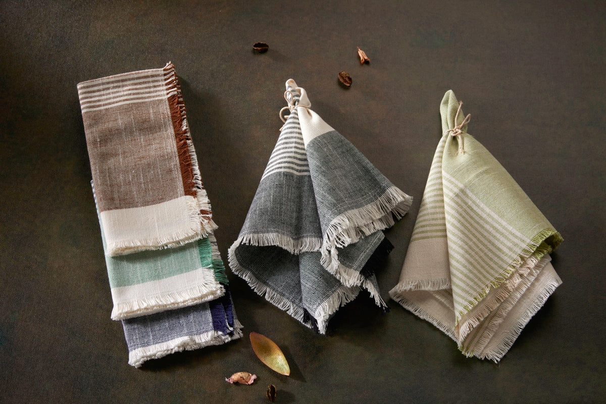 Cuisine Stripe Dinner Napkins - Set Of 4- 100%  Cotton - Green