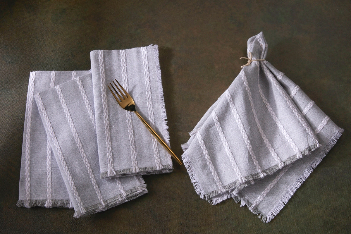 Dobby Stripe Fringe Napkins - Set of 4- 100% Cotton -Grey