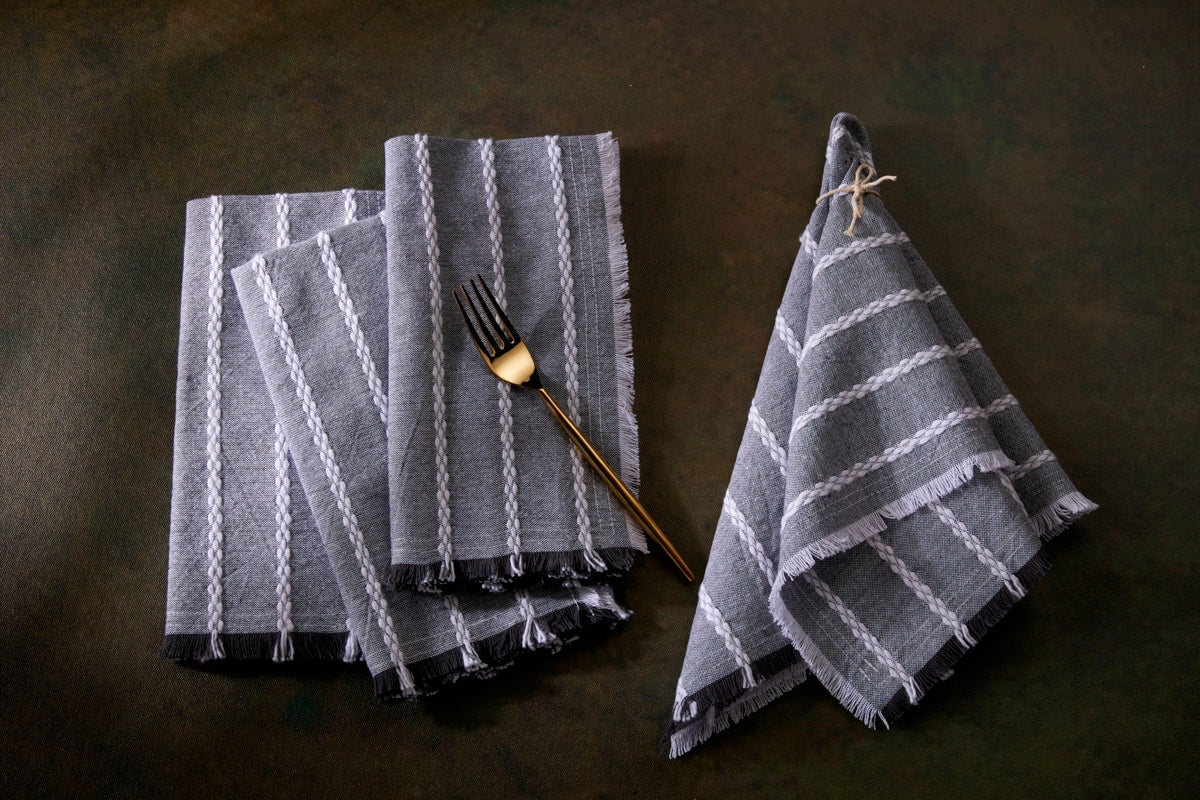 Dobby Stripe Fringe Napkins -Set of 4- 100% Cotton -Steel