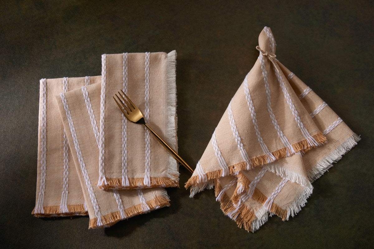 Dobby Stripe Fringe Napkins - Set of 4- 100% Cotton - Tan,