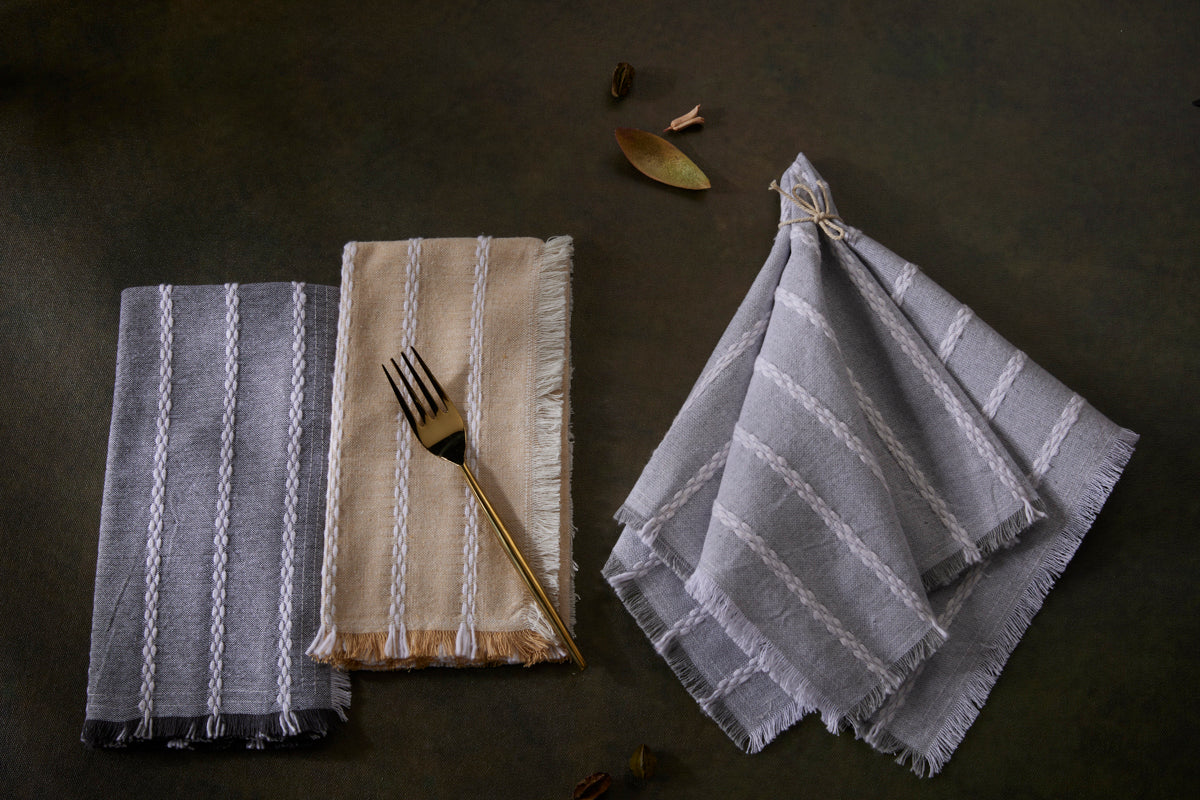 Dobby Stripe Fringe Napkins -Set of 4- 100% Cotton -Steel