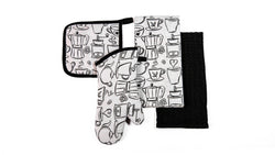 4 Pc Baking Set -Premium Cotton Printed Coffee - 100 % Cotton - Ivory / Black