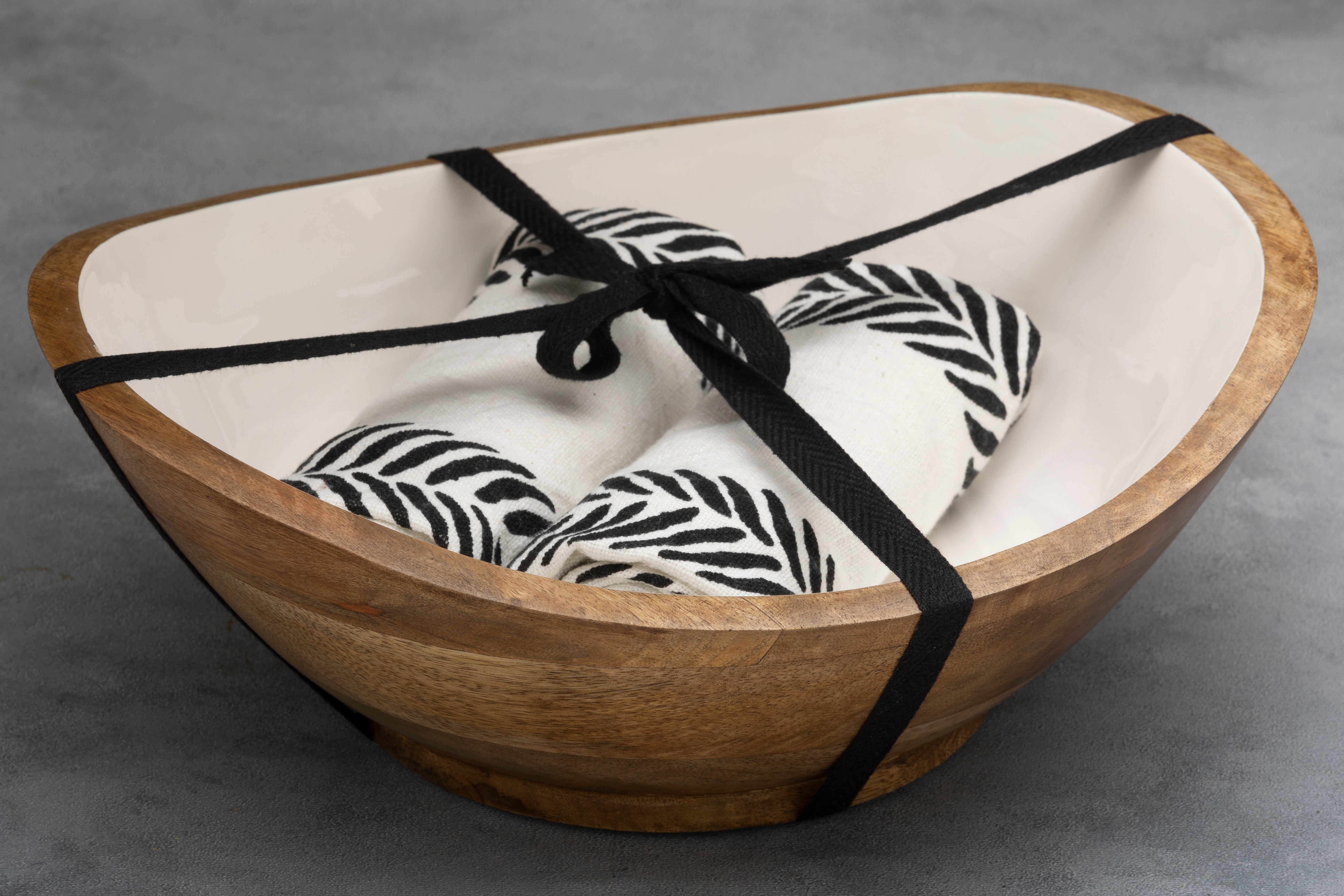 Large Wooden Salad Bowl with 2 Kitchen Towels - 100 % Cotton - Ivory / Black