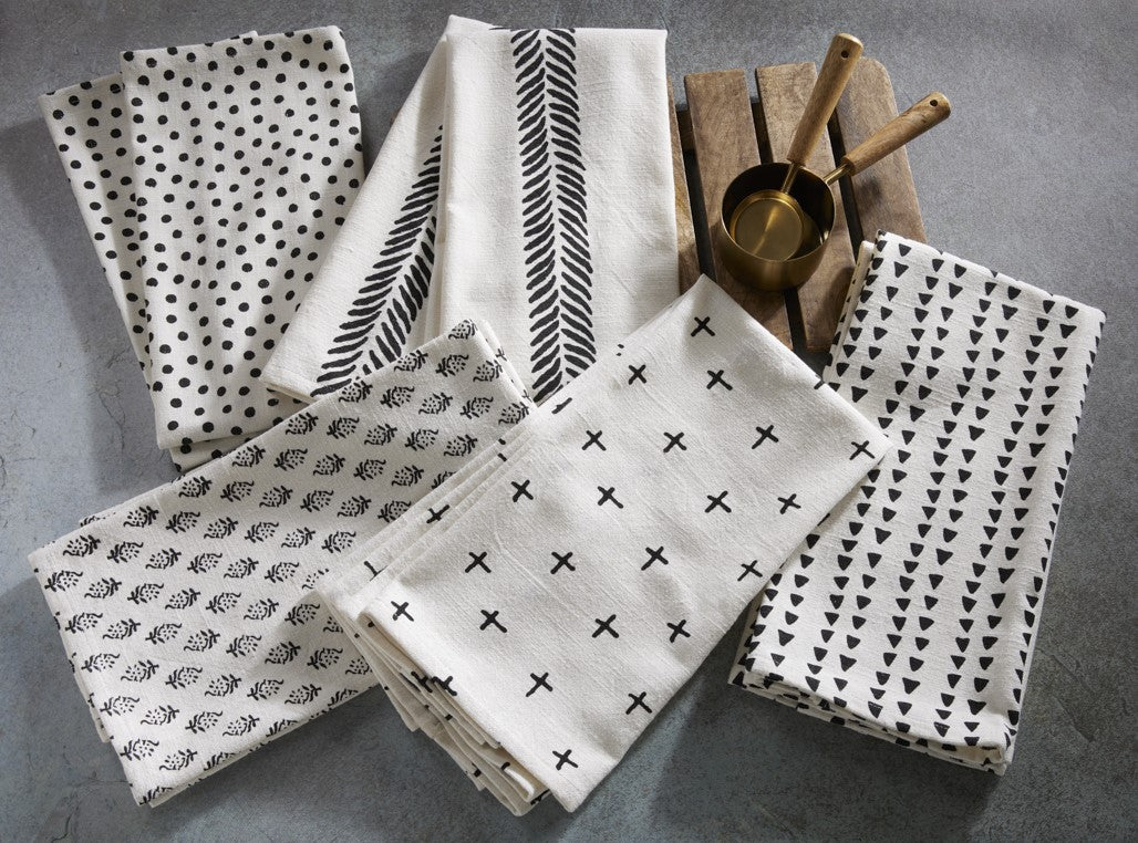 Premium Cotton Printed Towels - Plus Print Set of 2 Kitchen Towels -  100 % Cotton - Ivory / Black