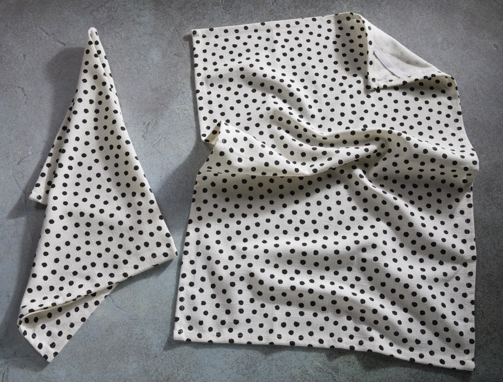 Premium Cotton Printed Towels - Polka Dot Print Set of 2 Kitchen Towels - 100 % Cotton - Ivory / Black