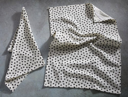 Premium Cotton Printed Towels - Polka Dot Print Set of 2 Kitchen Towels - 100 % Cotton - Ivory / Black