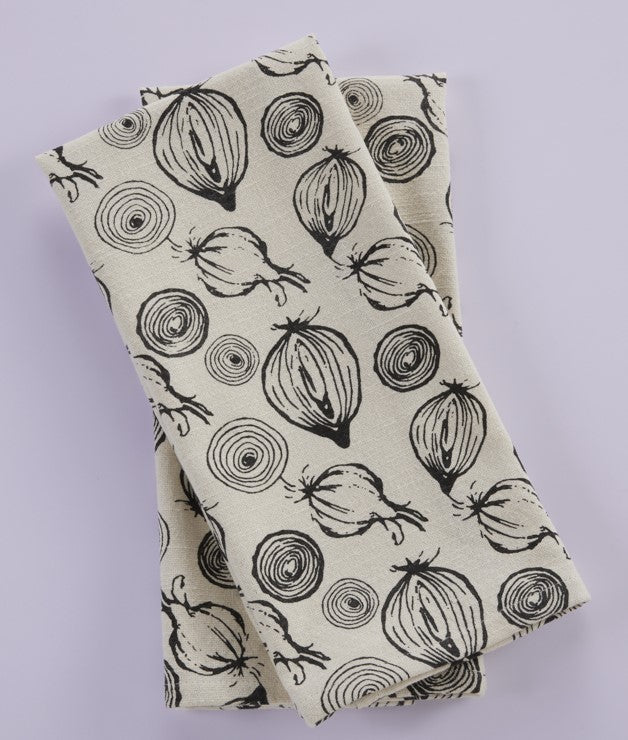 Premium Cotton Printed Towels - Onion  Print Set of 2 Kitchen Towels -  100 % Cotton - Ivory / Black