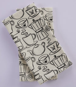 Premium Cotton Printed Towels - Coffee Print Set of 2 Kitchen Towels -  100 % Cotton - Ivory / Black