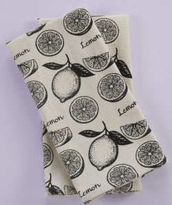 Premium Cotton Printed Towels - Lemon Print Set of 2 Kitchen Towels -  100 % Cotton - Ivory / Black