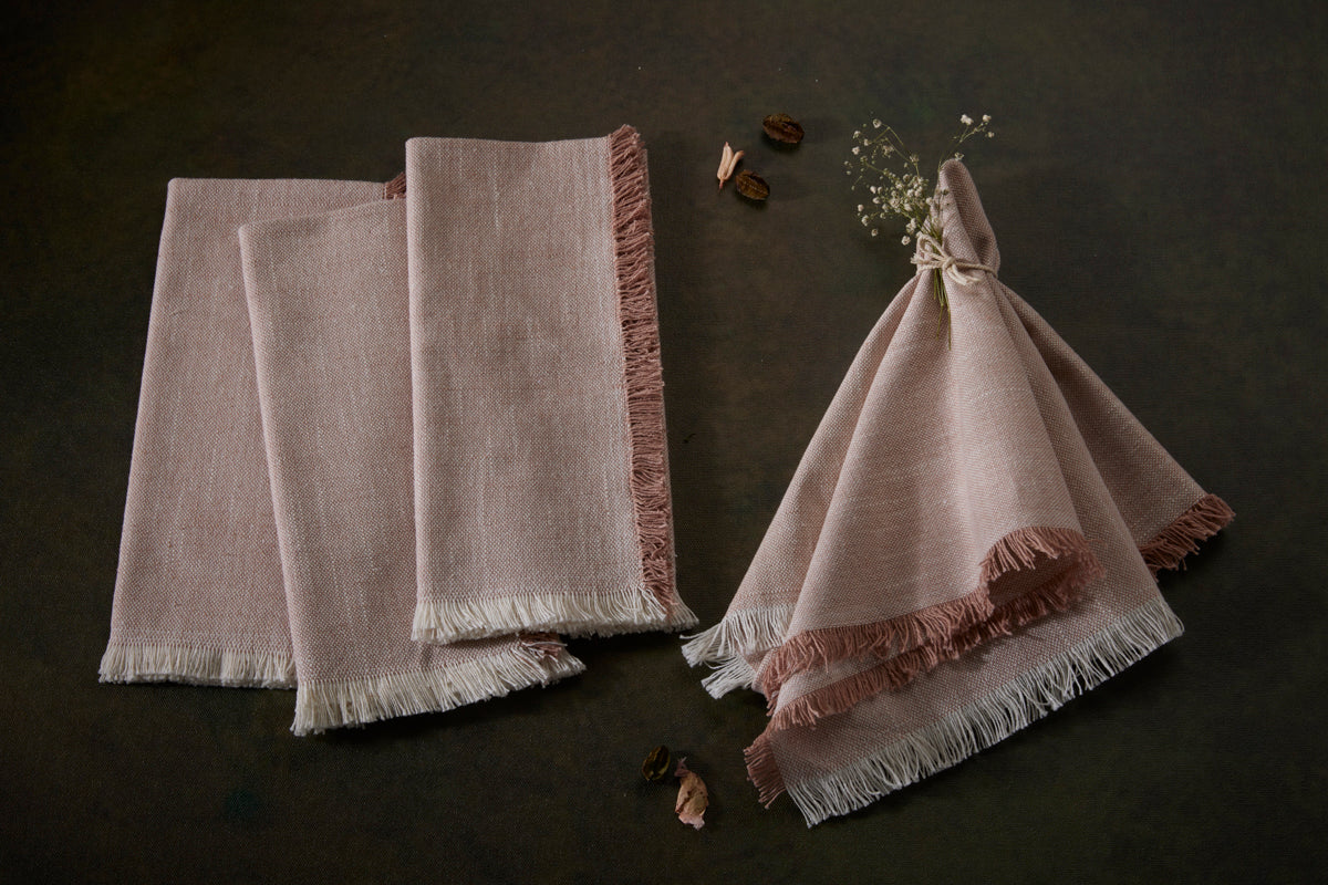 Cotton Fringe Napkins - Set of 4- 100% Cotton - Pink