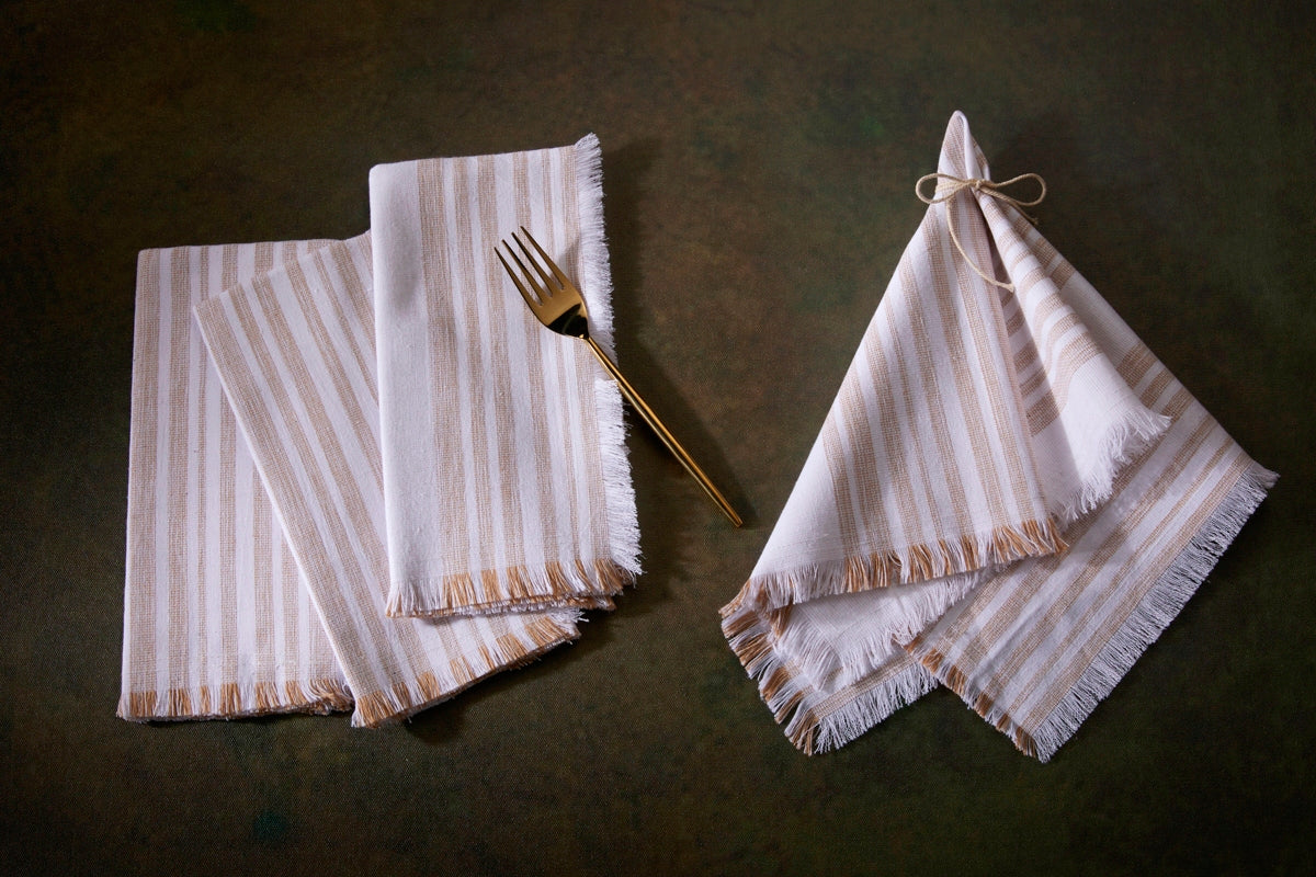 Stripe Fringe Napkins - Set of 4 - 100% Cotton - Tan