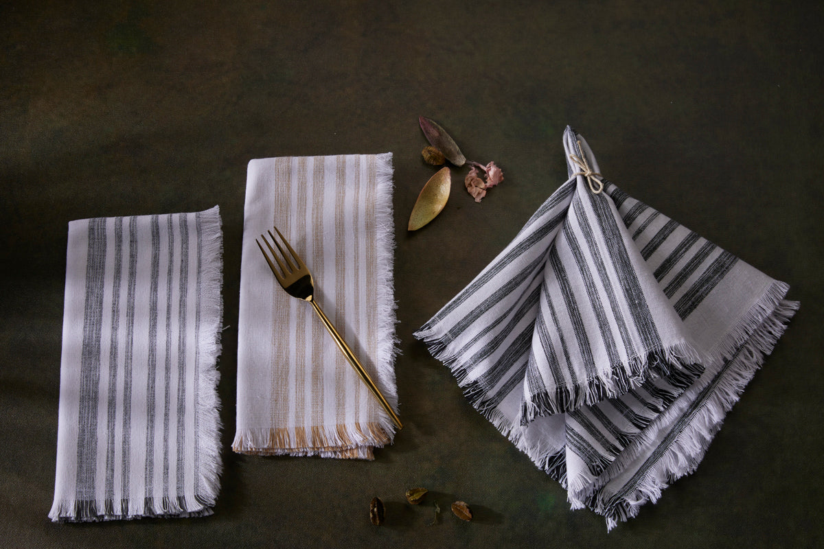 Stripe Fringe Napkins - Set of 4 - 100% Cotton - Black