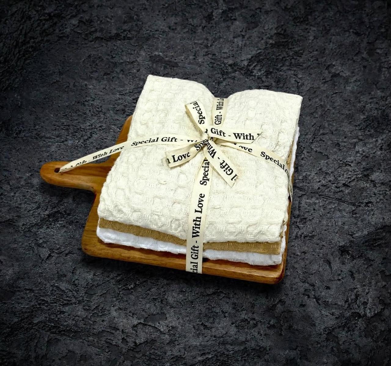 3 Assorted Waffle Kitchen Towels & Wooden Cutting Board