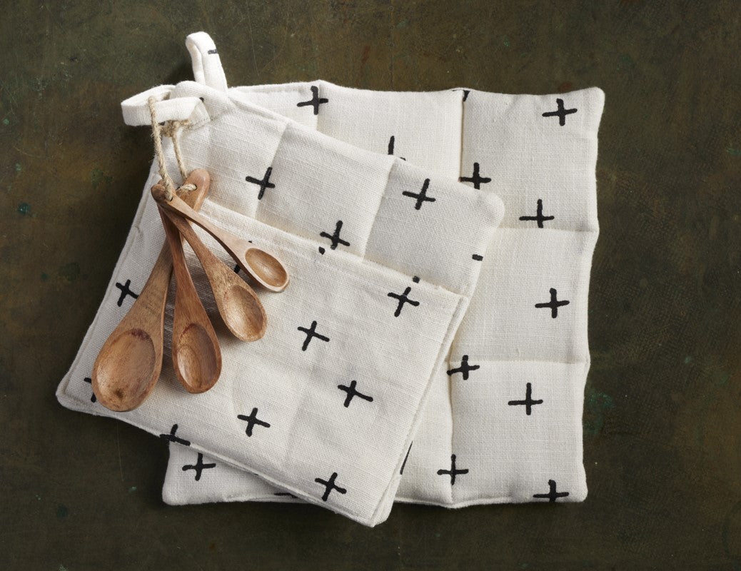 2 Pot Holder With 4 Spice Spoons Set - Premium Cotton Printed Plus - 100 % cotton - Ivory / Black