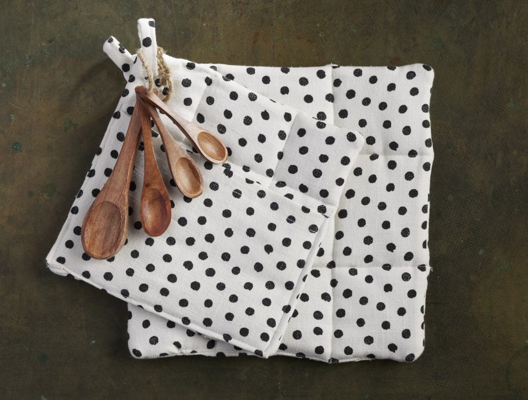 2 Pot Holder With 4 Spice Spoons Set - Premium Cotton Printed Polka dot  - 100 % cotton - Ivory / Black